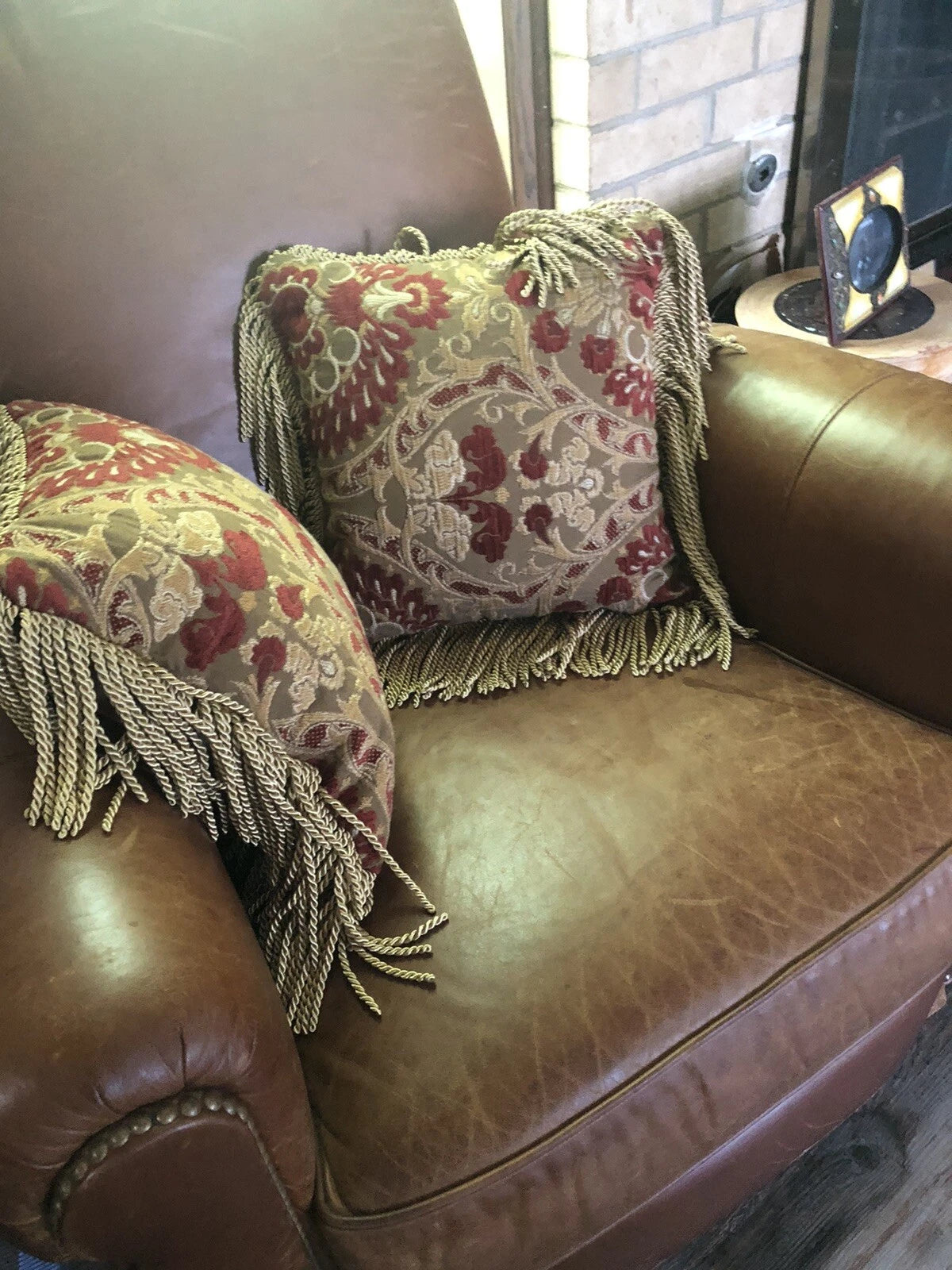 Set of 2 Luxury Handmade Throw Pillows with Bullion Fringe – 14 Inch Red and Tan Home Accent