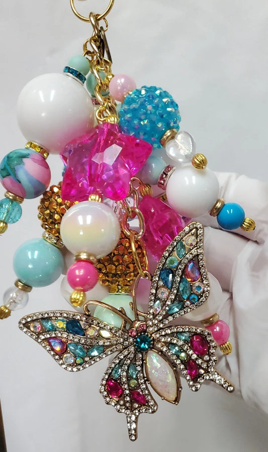 Handmade Rhinestone Butterfly Bag Charm – Artist Created Keychain Accessory