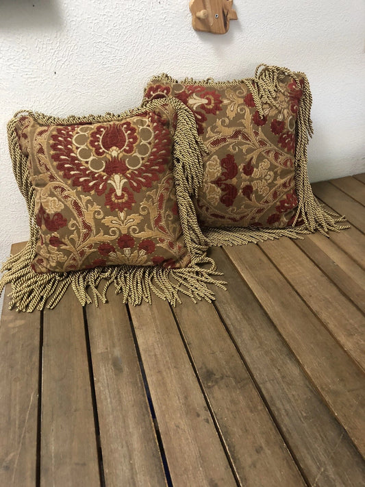 Set of 2 Luxury Handmade Throw Pillows with Bullion Fringe – 14 Inch Red and Tan Home Accent