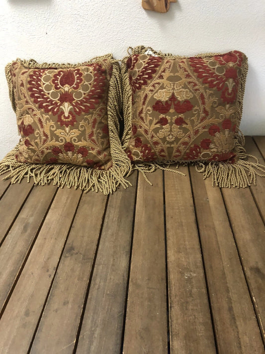 Set of 2 Luxury Handmade Throw Pillows with Bullion Fringe – 14 Inch Red and Tan Home Accent