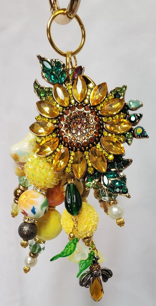 Handmade Rhinestone Sunflower Bees Bag Charm – Artist Created Bling Keychain Accessory