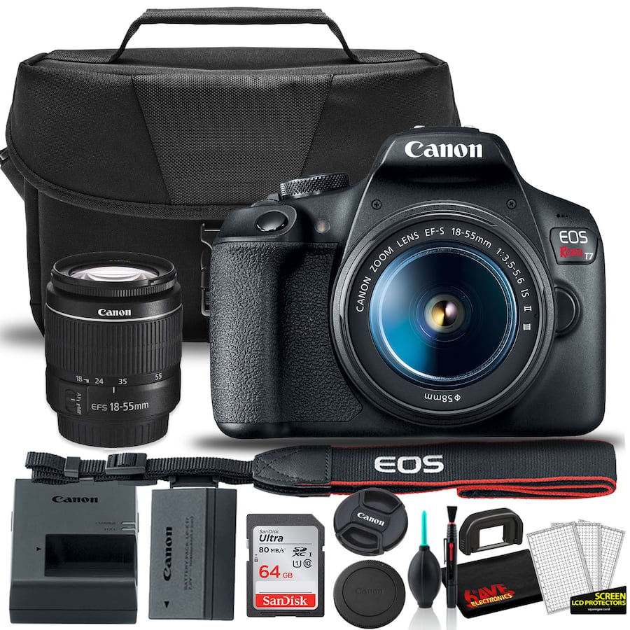 Canon EOS Rebel T7 DSLR Camera Starter Bundle – 18-55mm Lens + EOS Bag + 64GB SD Card – Black