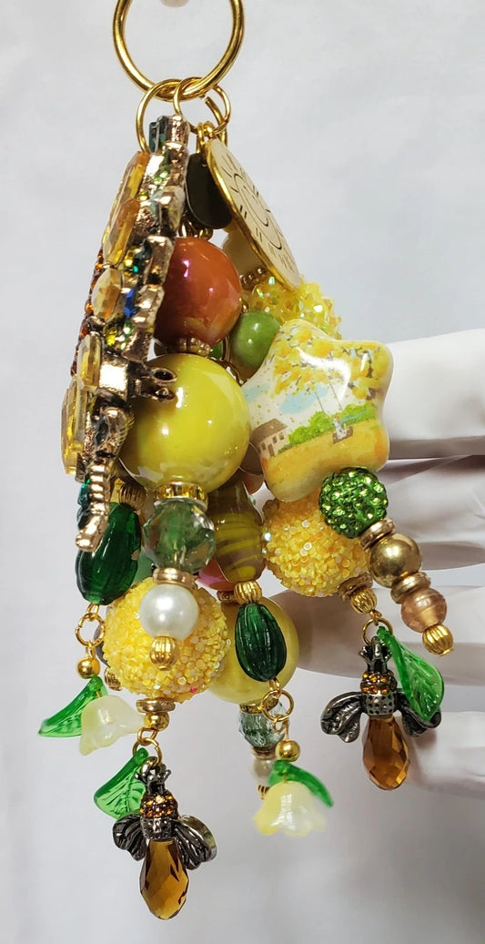 Handmade Rhinestone Sunflower Bees Bag Charm – Artist Created Bling Keychain Accessory