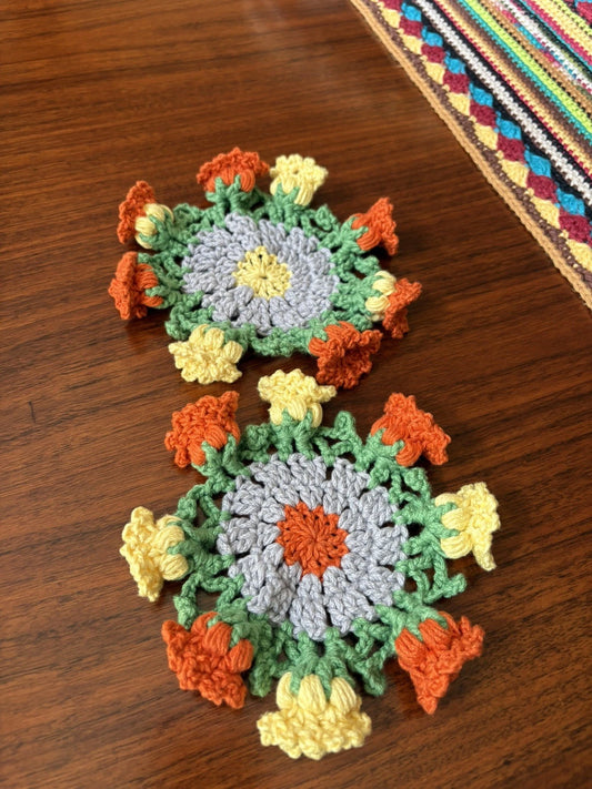 Handmade Crochet Flower Coasters Set of 2 – Cotton Table Coasters Home Decor