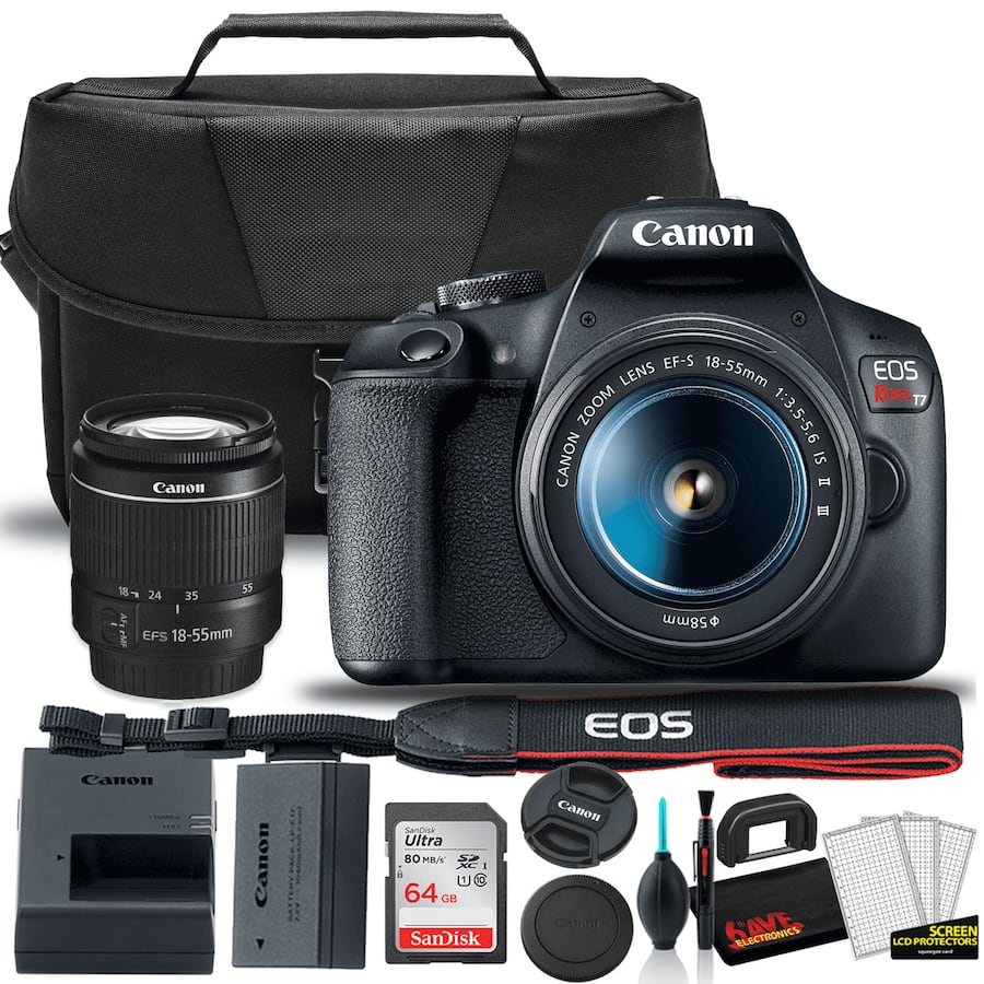 Canon EOS Rebel T7 DSLR Camera Starter Bundle – 18-55mm Lens + EOS Bag + 64GB SD Card – Black