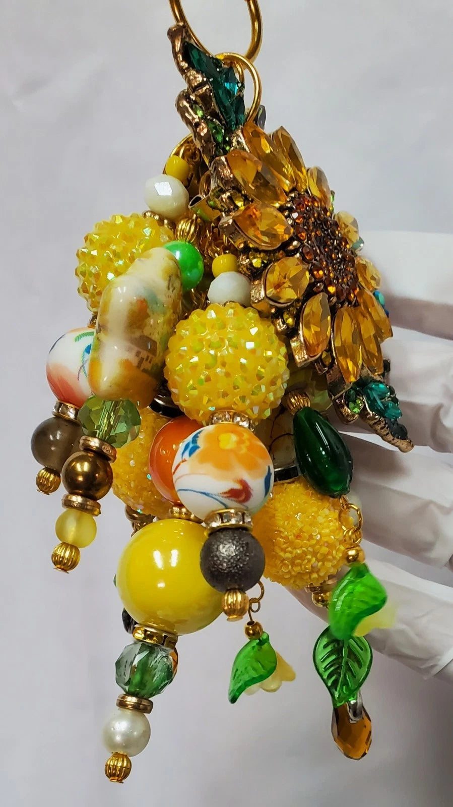 Handmade Rhinestone Sunflower Bees Bag Charm – Artist Created Bling Keychain Accessory