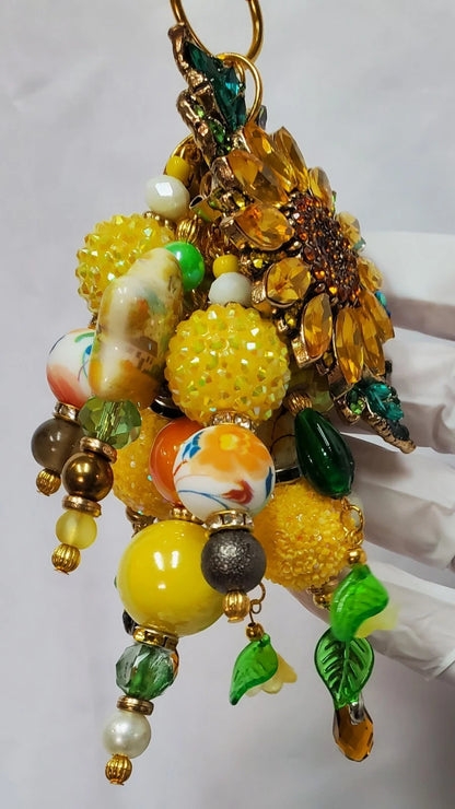 Handmade Rhinestone Sunflower Bees Bag Charm – Artist Created Bling Keychain Accessory