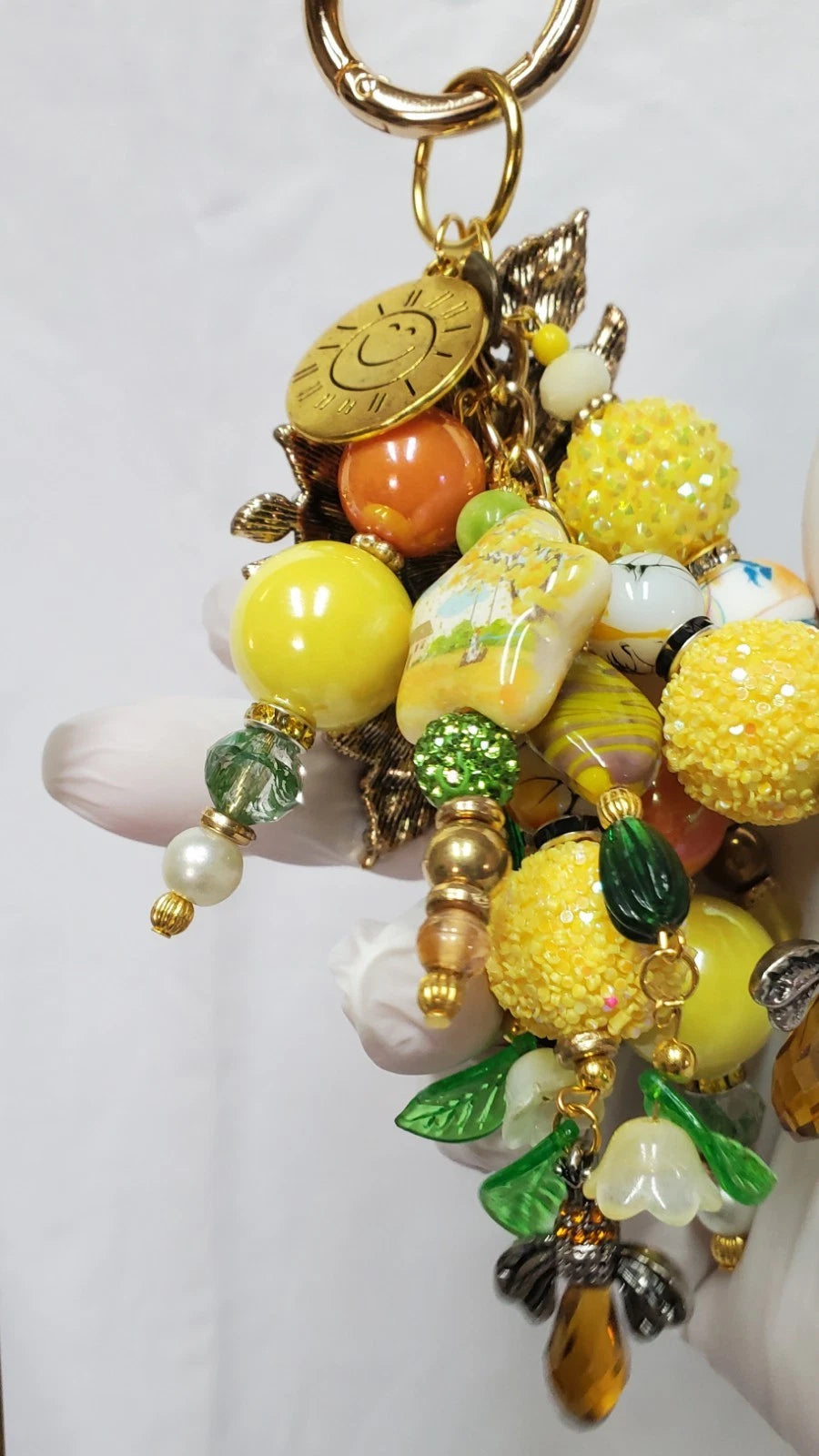 Handmade Rhinestone Sunflower Bees Bag Charm – Artist Created Bling Keychain Accessory