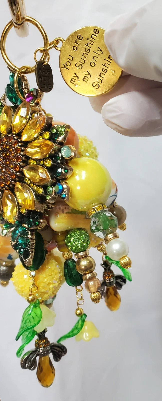 Handmade Rhinestone Sunflower Bees Bag Charm – Artist Created Bling Keychain Accessory