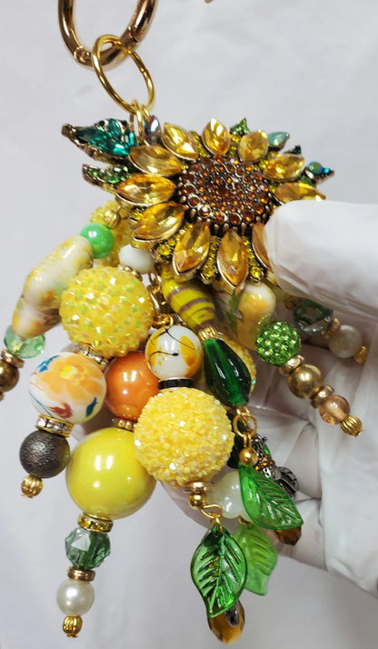 Handmade Rhinestone Sunflower Bees Bag Charm – Artist Created Bling Keychain Accessory