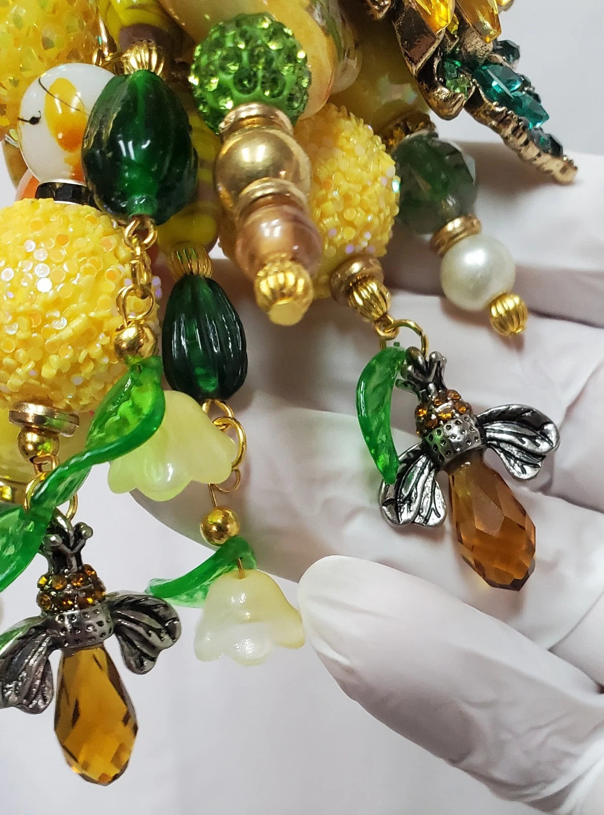Handmade Rhinestone Sunflower Bees Bag Charm – Artist Created Bling Keychain Accessory