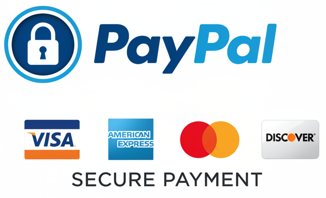 PayPal logo with Visa, Mastercard, and Discover logos on a white background